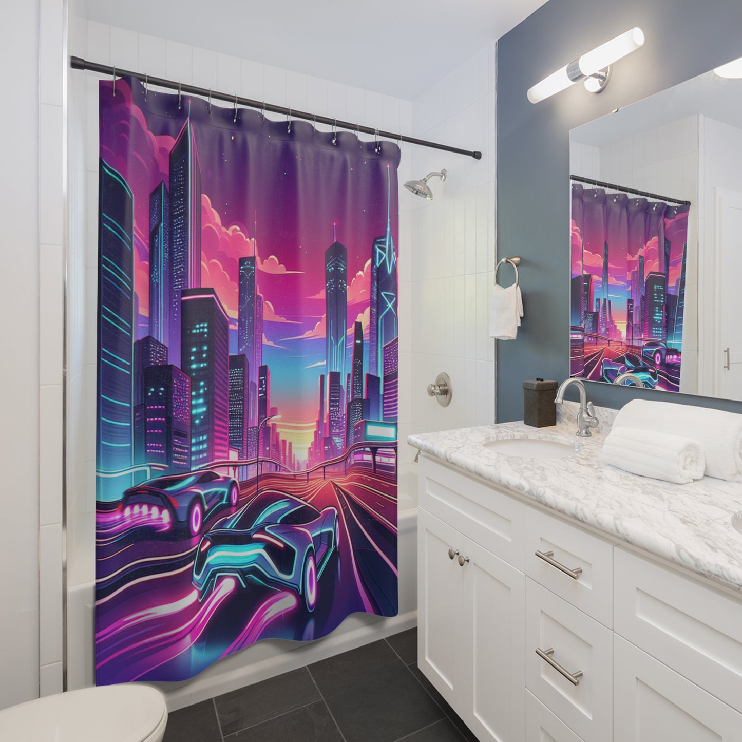 Futuristic Neon City Shower Curtain - Retro Style Home Decor