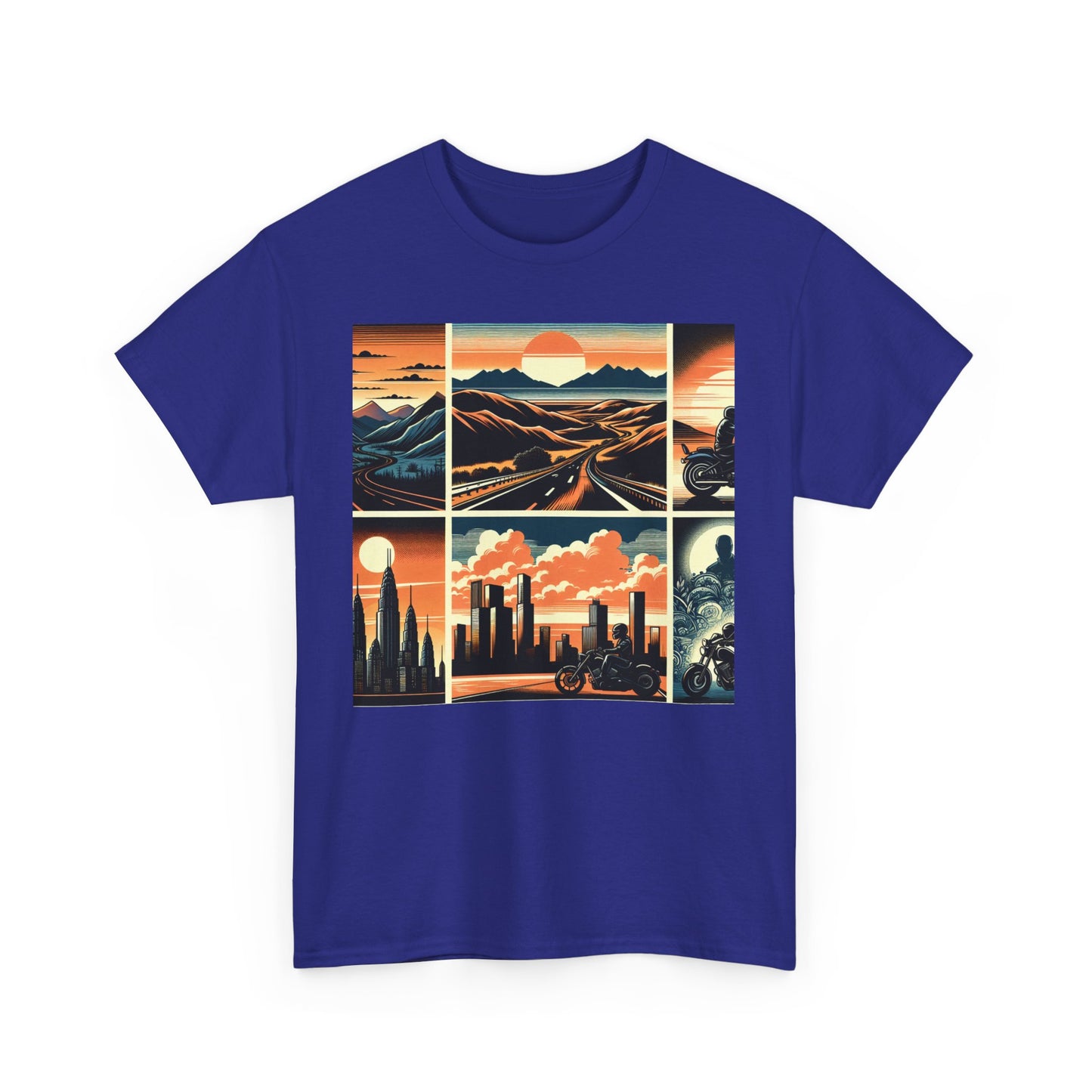 Retro Bike Adventure Vibes Unisex Heavy Cotton Tee - Vintage Motorcycle & Landscape Design