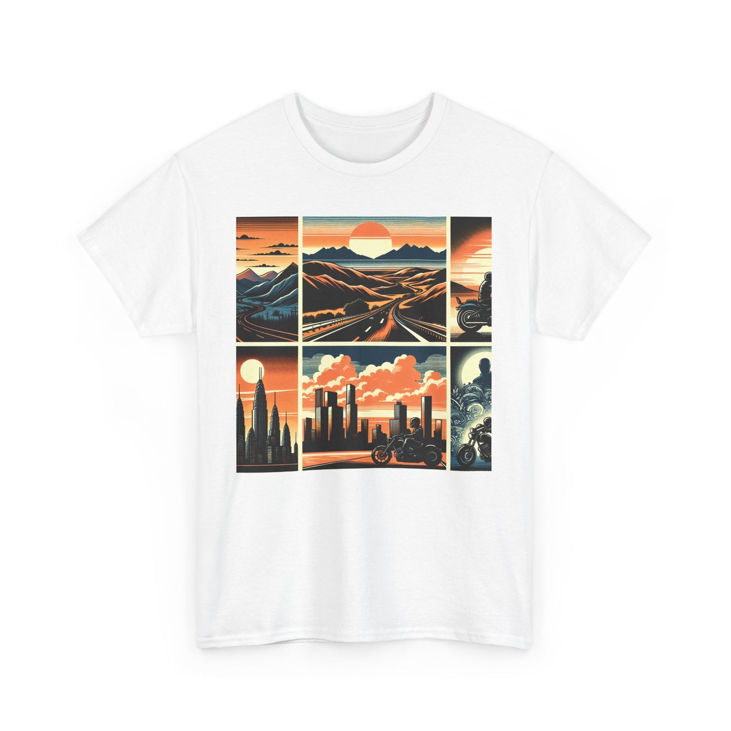 Retro Bike Adventure Vibes Unisex Heavy Cotton Tee - Vintage Motorcycle & Landscape Design