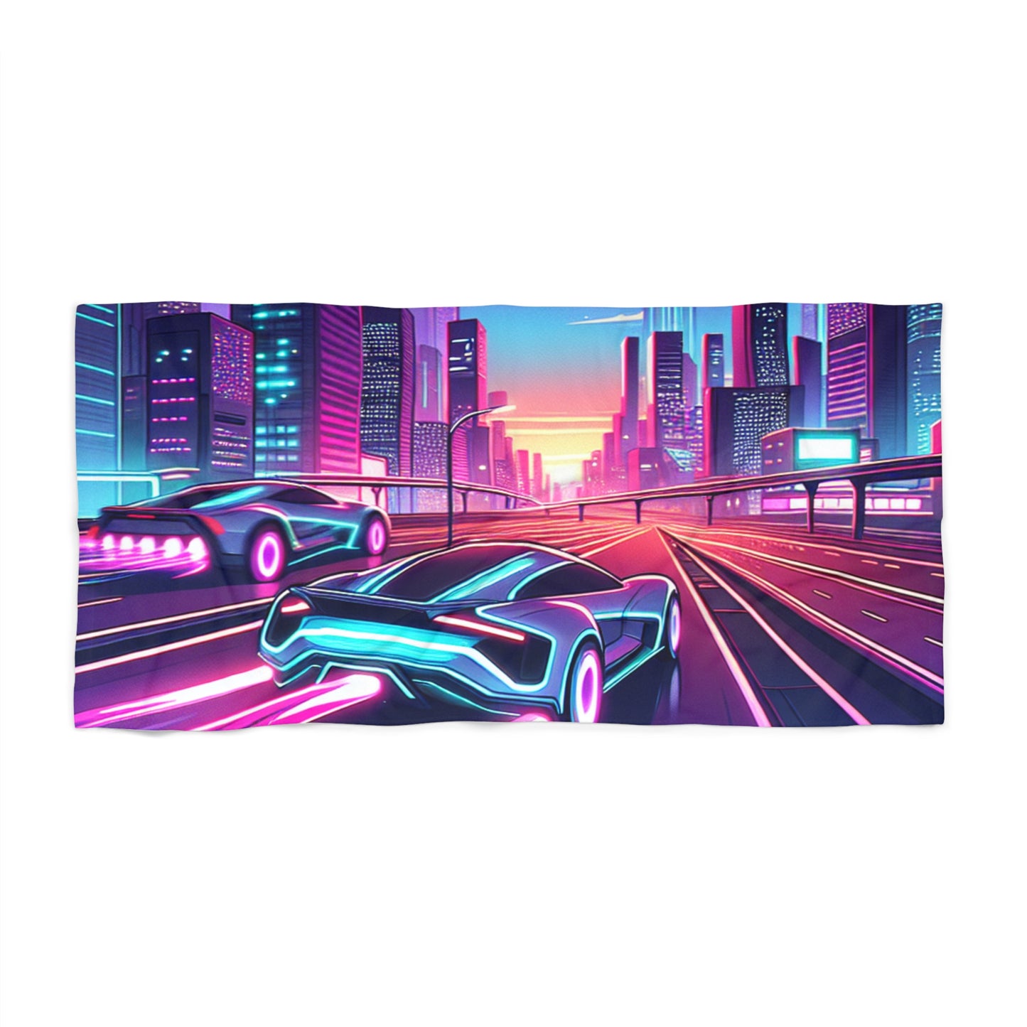 Neon City Beach Towel - Retro Futuristic Design for Summer Vibes and car lovers