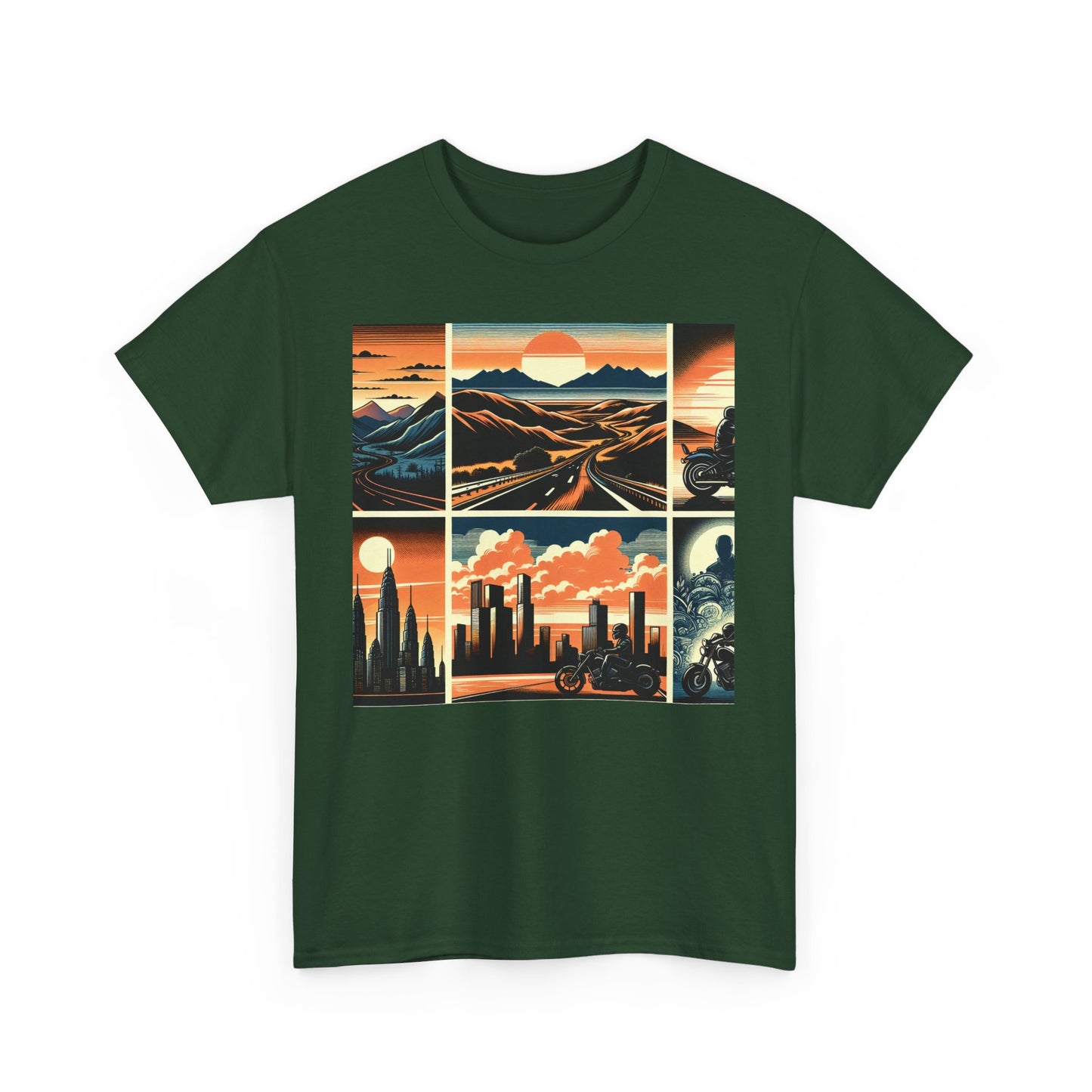Retro Bike Adventure Vibes Unisex Heavy Cotton Tee - Vintage Motorcycle & Landscape Design