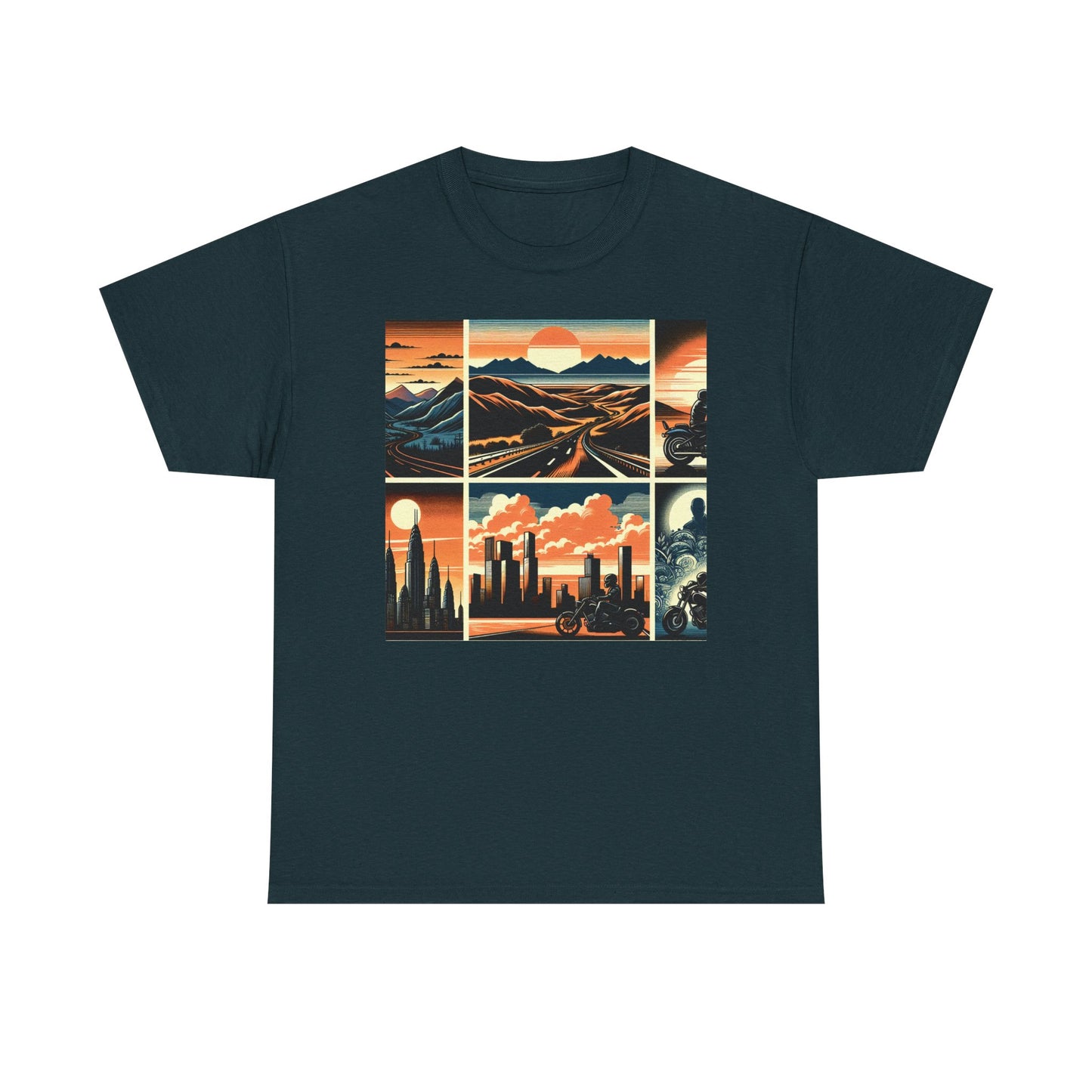 Retro Bike Adventure Vibes Unisex Heavy Cotton Tee - Vintage Motorcycle & Landscape Design