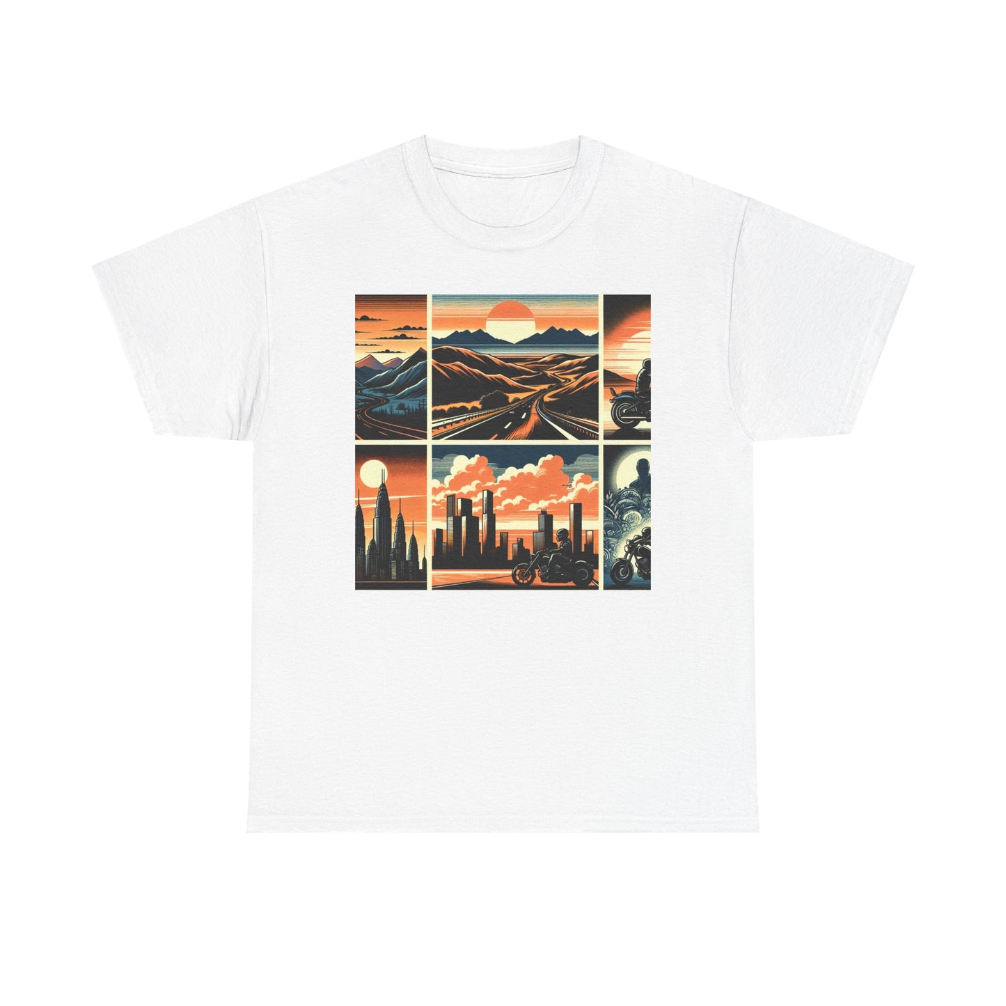 Retro Bike Adventure Vibes Unisex Heavy Cotton Tee - Vintage Motorcycle & Landscape Design