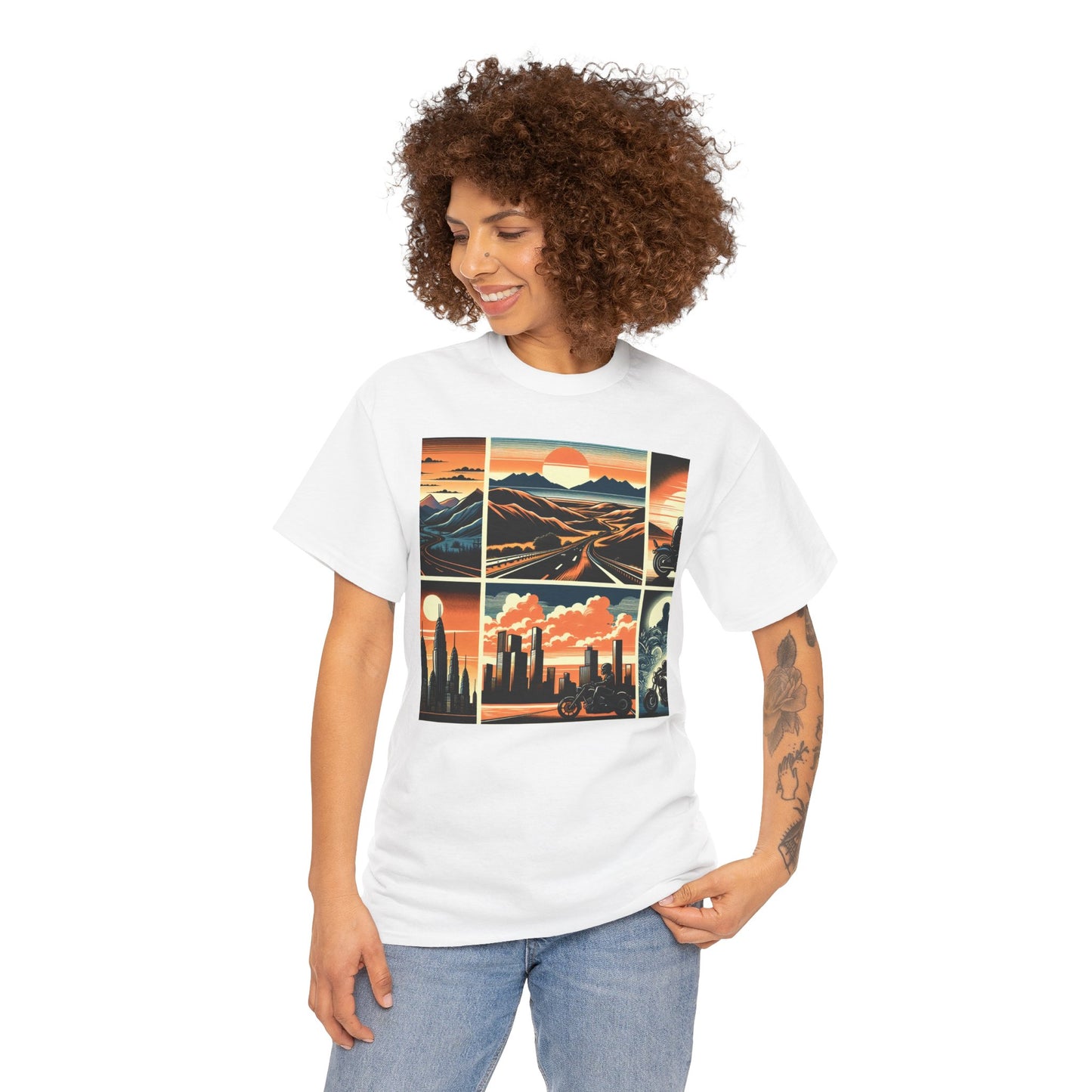 Retro Bike Adventure Vibes Unisex Heavy Cotton Tee - Vintage Motorcycle & Landscape Design