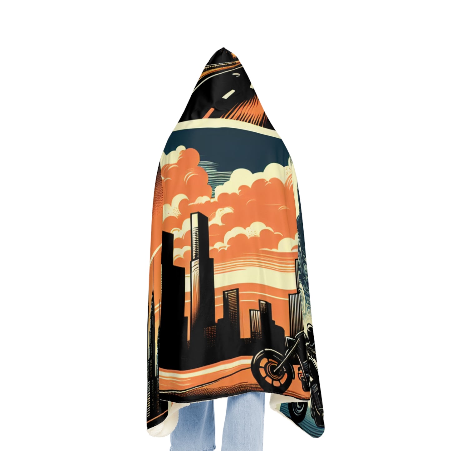 Retro Bike Snuggle Blanket - Cozy Hooded Wrap with Cityscape Design
