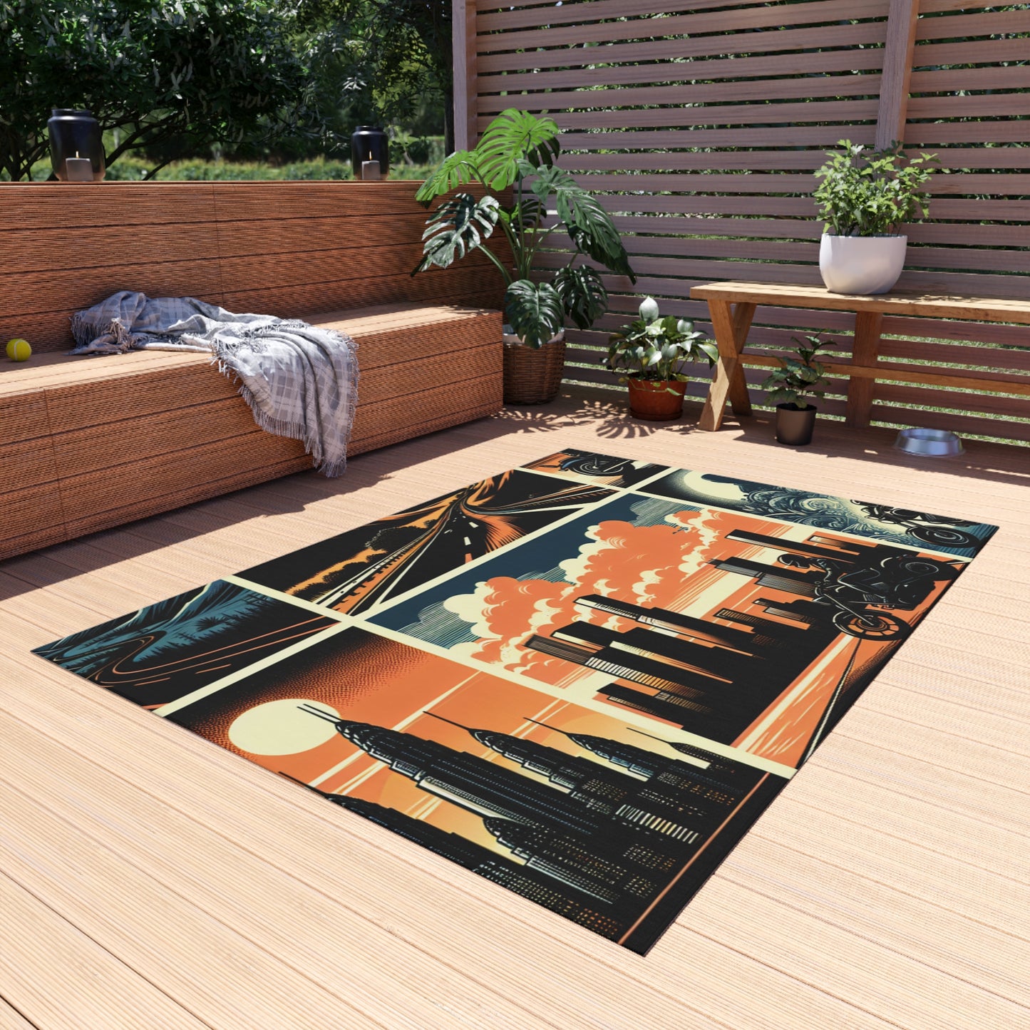 Retro Bike Outdoor Rug - Vibrant Travel Motif for Patios and Decks
