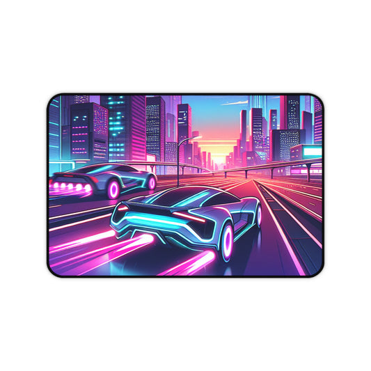 Neon Cityscape Desk Mat - Futuristic Car Design for Gamers & Desk Enthusiasts