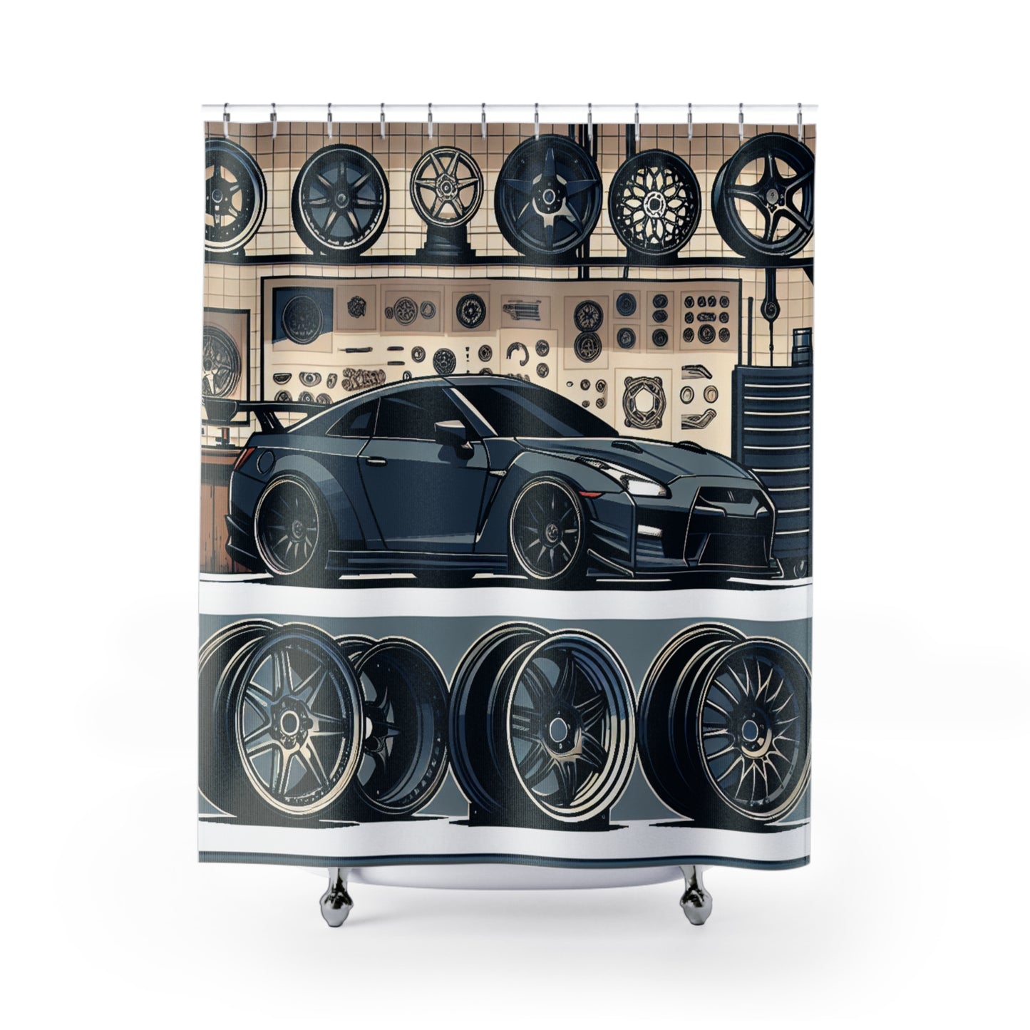 Racing Garage Shower Curtain - Automotive Decor for Car Enthusiasts