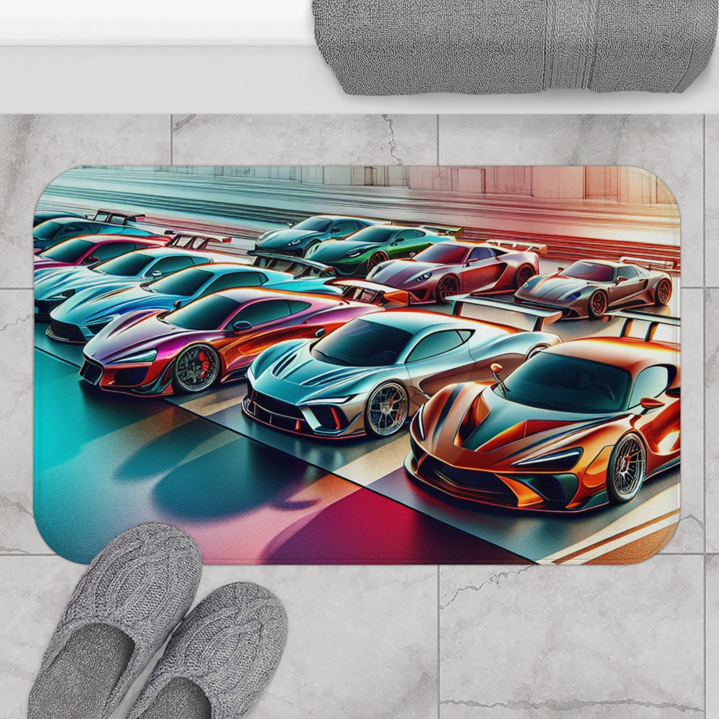 Racing Cars Bath Mat - Vibrant Automotive Design for Car Enthusiasts