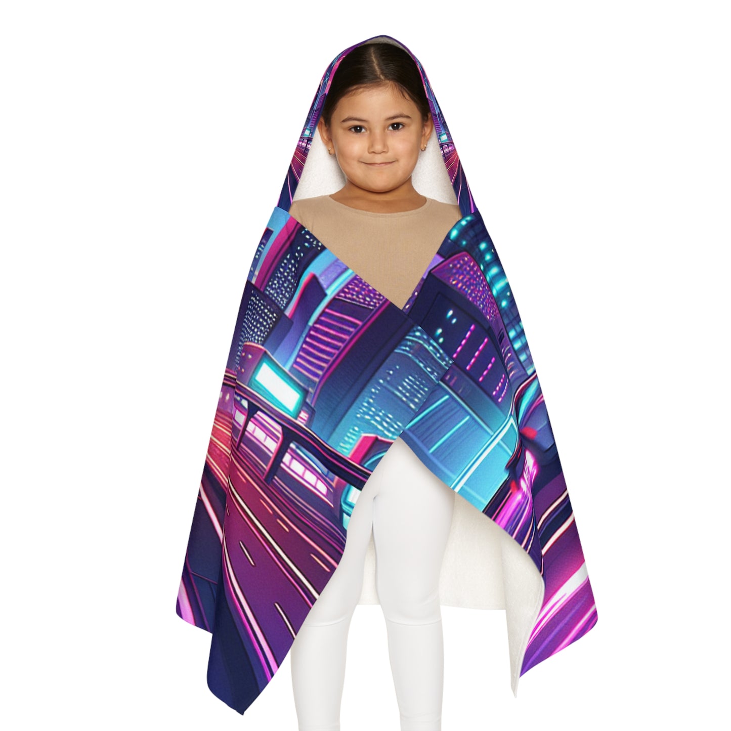 Youth Hooded Towel - Neon Cityscape Super Car Design for Kids