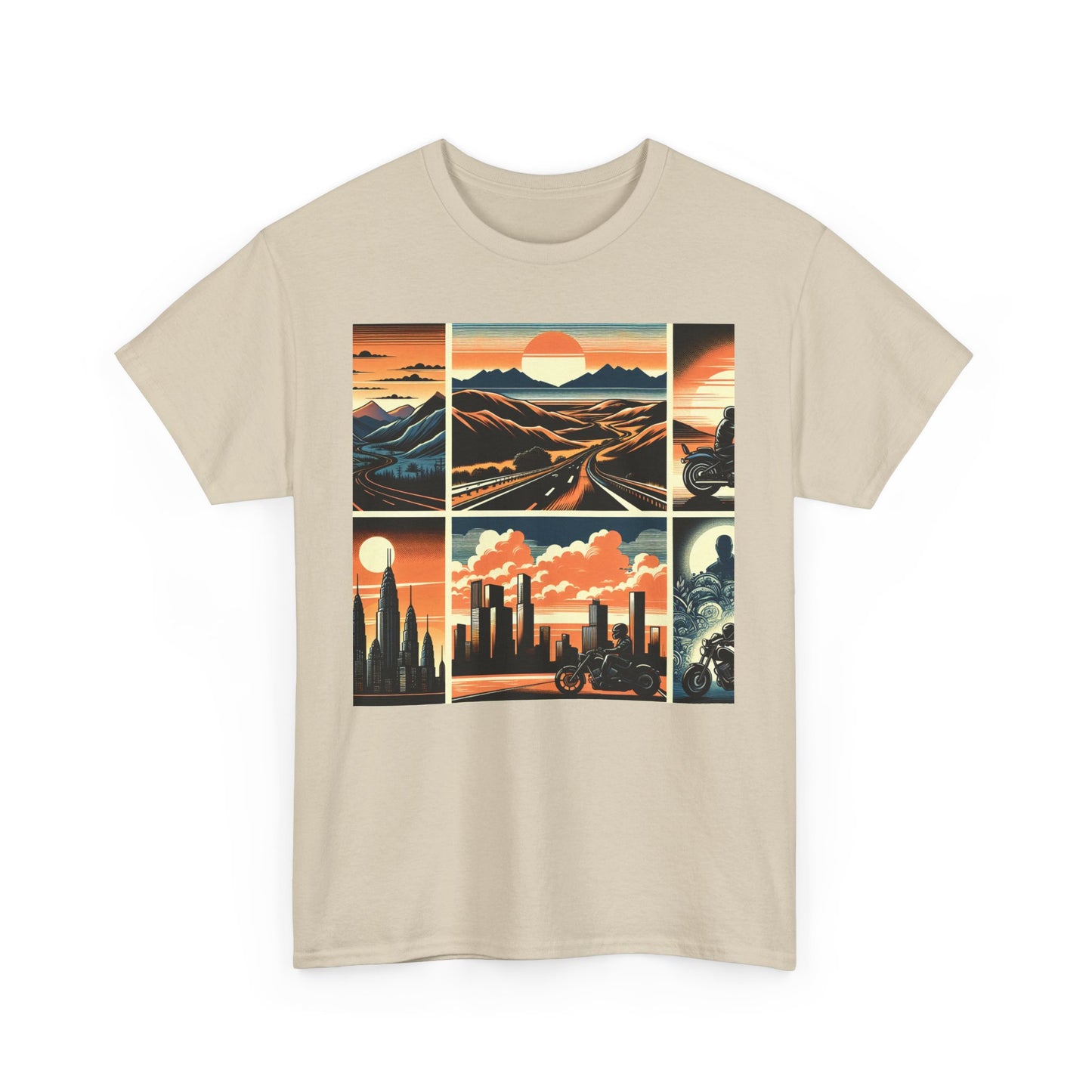 Retro Bike Adventure Vibes Unisex Heavy Cotton Tee - Vintage Motorcycle & Landscape Design