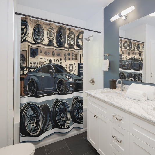 Racing Garage Shower Curtain - Automotive Decor for Car Enthusiasts