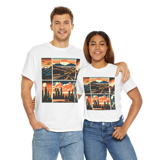 Retro Bike Adventure Vibes Unisex Heavy Cotton Tee - Vintage Motorcycle & Landscape Design