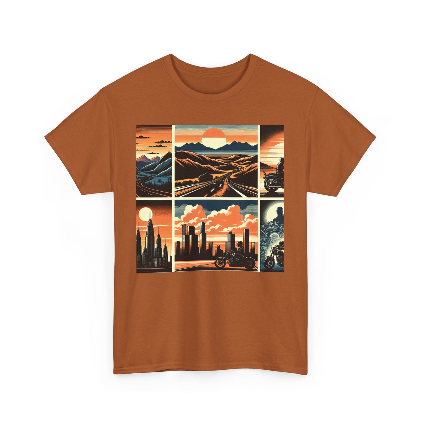 Retro Bike Adventure Vibes Unisex Heavy Cotton Tee - Vintage Motorcycle & Landscape Design