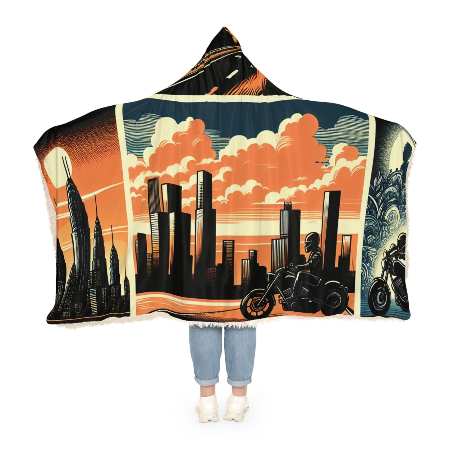 Retro Bike Snuggle Blanket - Cozy Hooded Wrap with Cityscape Design