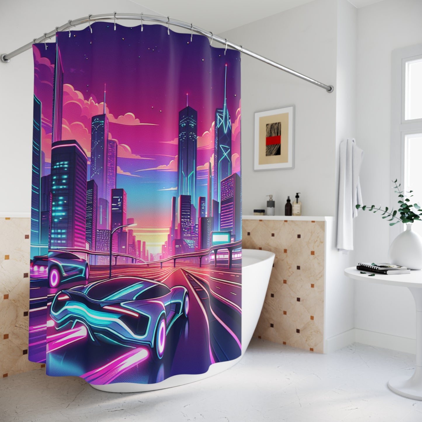 Futuristic Neon City Shower Curtain - Retro Style Home Decor