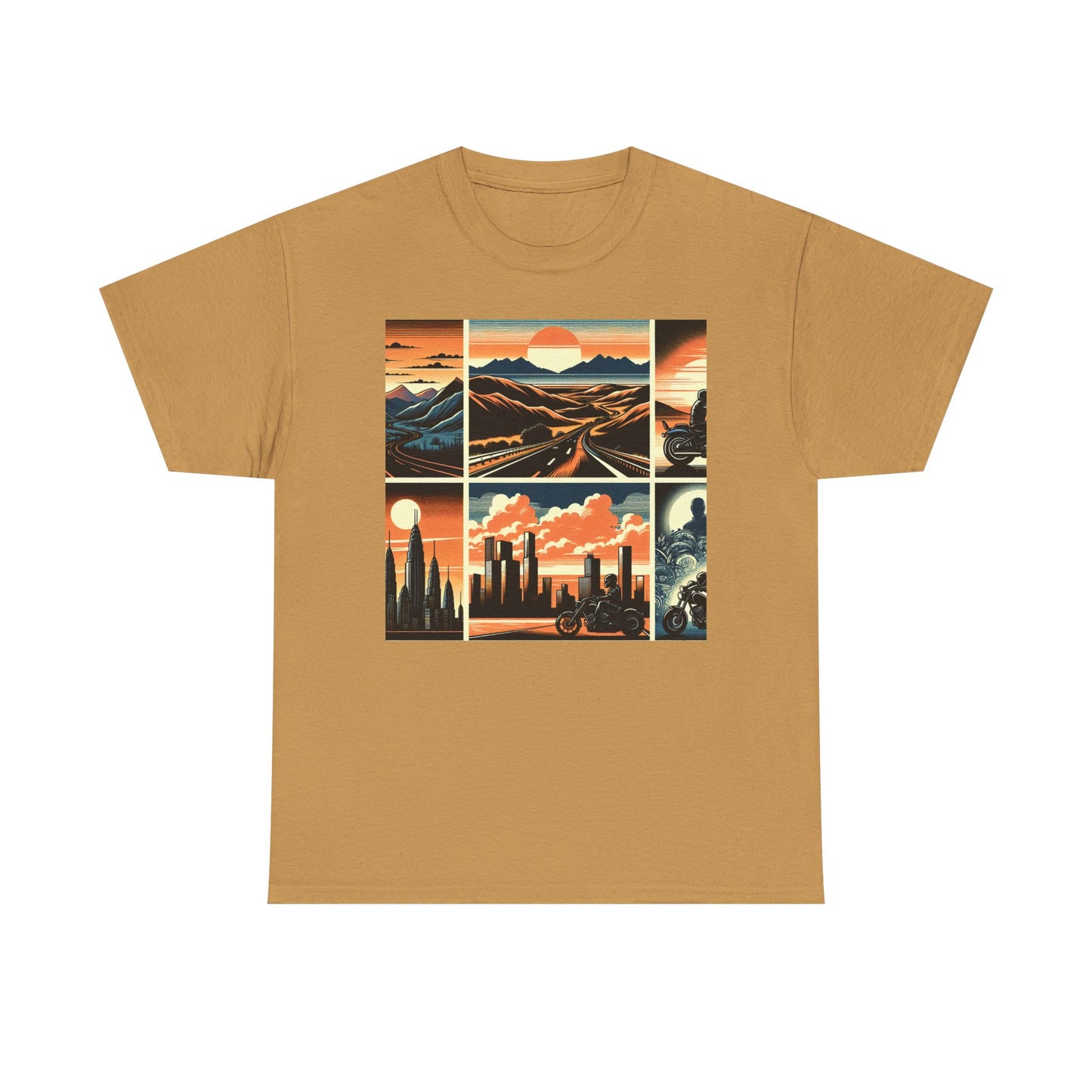 Retro Bike Adventure Vibes Unisex Heavy Cotton Tee - Vintage Motorcycle & Landscape Design