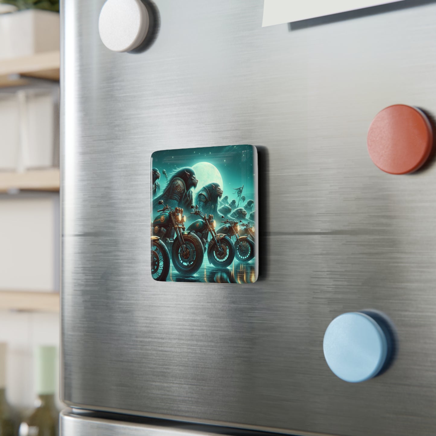 Motorcycle Lion Adventure Porcelain Magnet | Unique Square Decor for Bikers and Animal Lovers