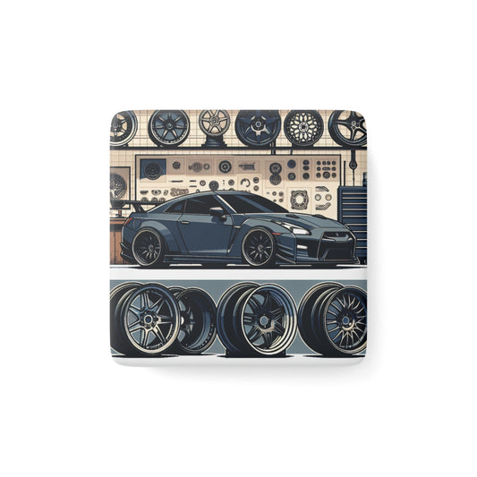Car Enthusiast Porcelain Magnet - Square Design Featuring Sports Car and Wheel Collection