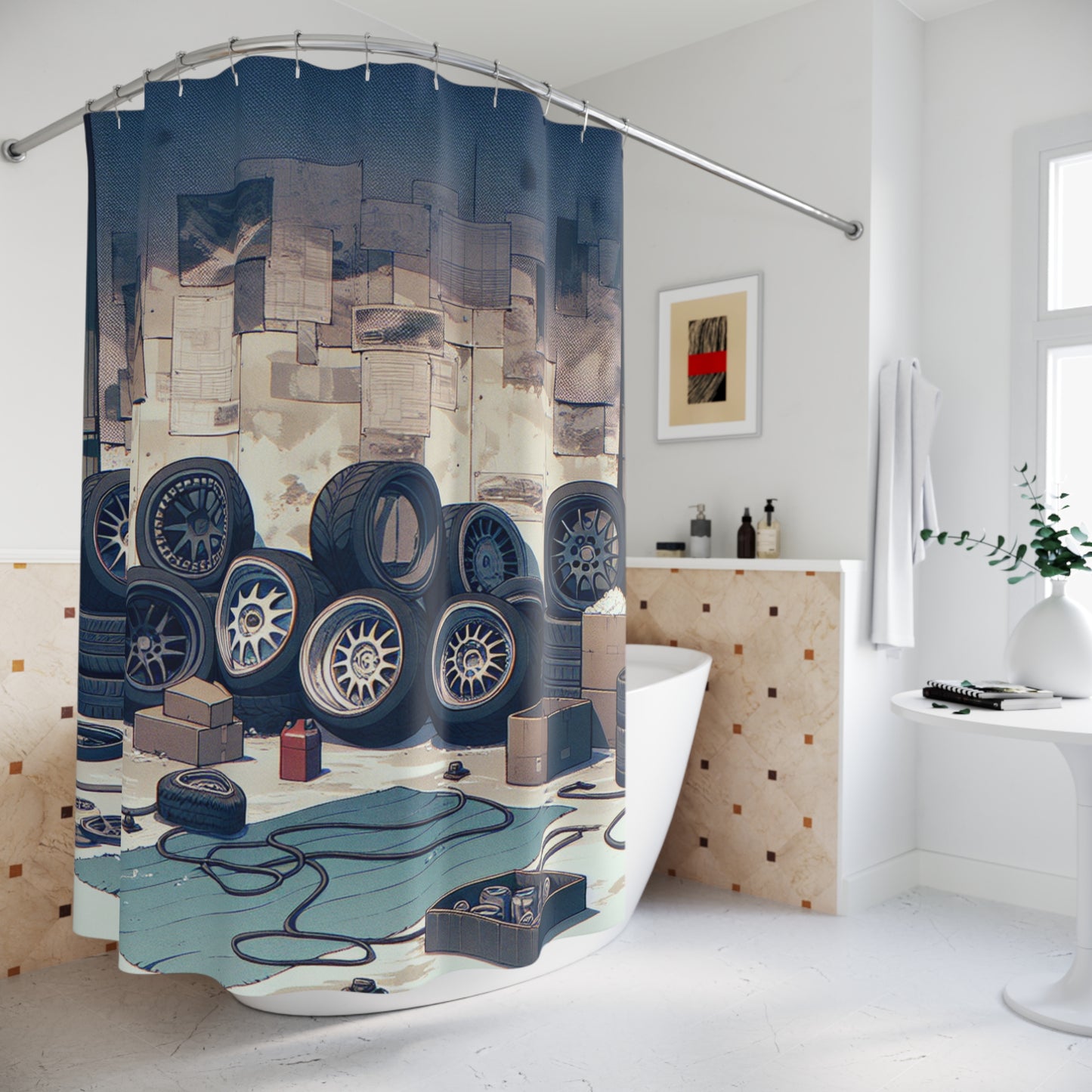 Racing Garage Shower Curtain – Car Enthusiast Decor for Automotive Lovers