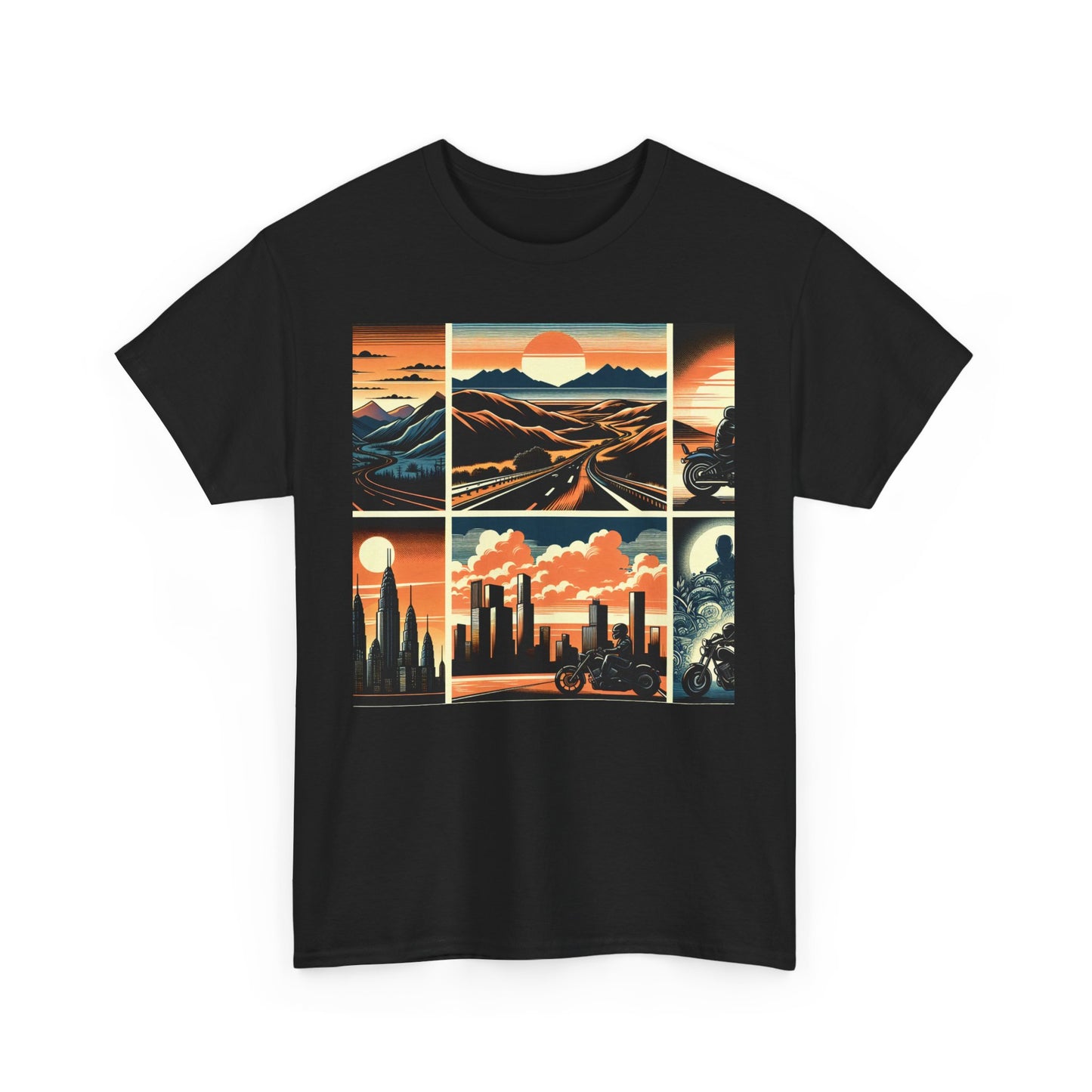 Retro Bike Adventure Vibes Unisex Heavy Cotton Tee - Vintage Motorcycle & Landscape Design