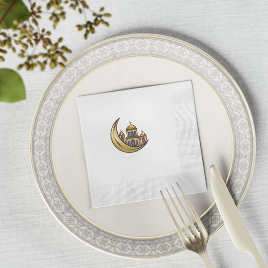 Elegant White Napkins with Moon and Mosque Design - Perfect for Ramadan and Eid Celebrations