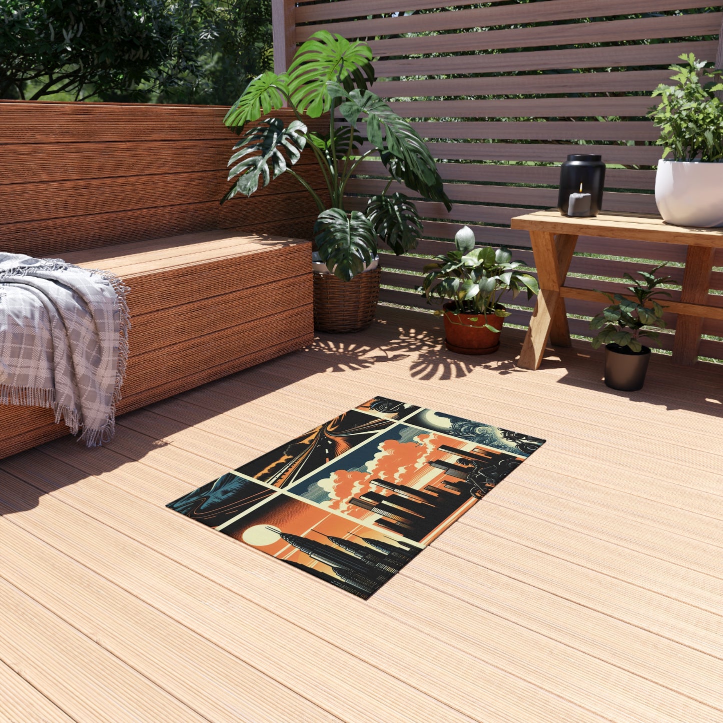 Retro Bike Outdoor Rug - Vibrant Travel Motif for Patios and Decks