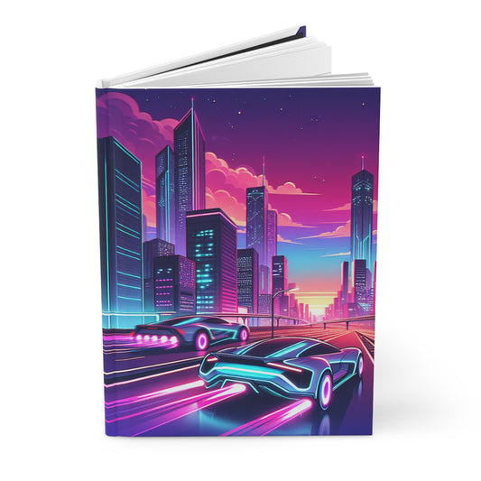 Retro Futuristic Hardcover Journal - Neon Skyline Design