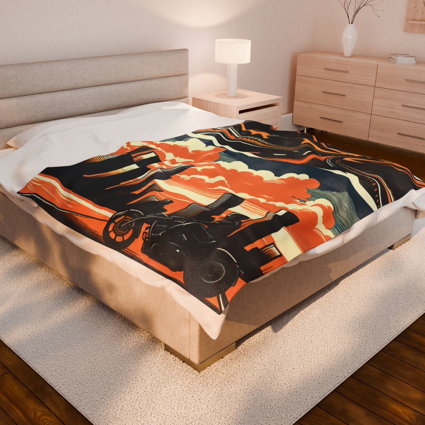 Retro Bike Velveteen Plush Blanket - Cozy Road Trip & Cityscape Design