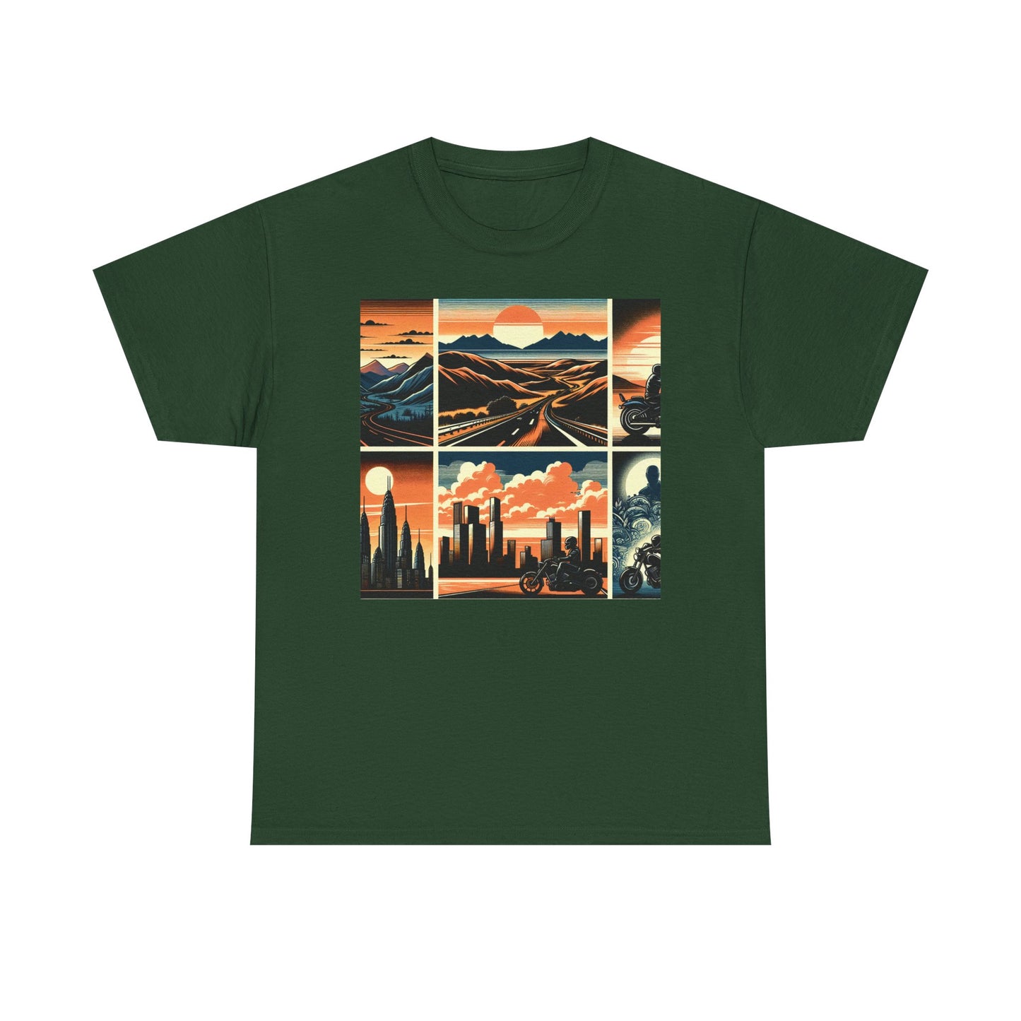Retro Bike Adventure Vibes Unisex Heavy Cotton Tee - Vintage Motorcycle & Landscape Design