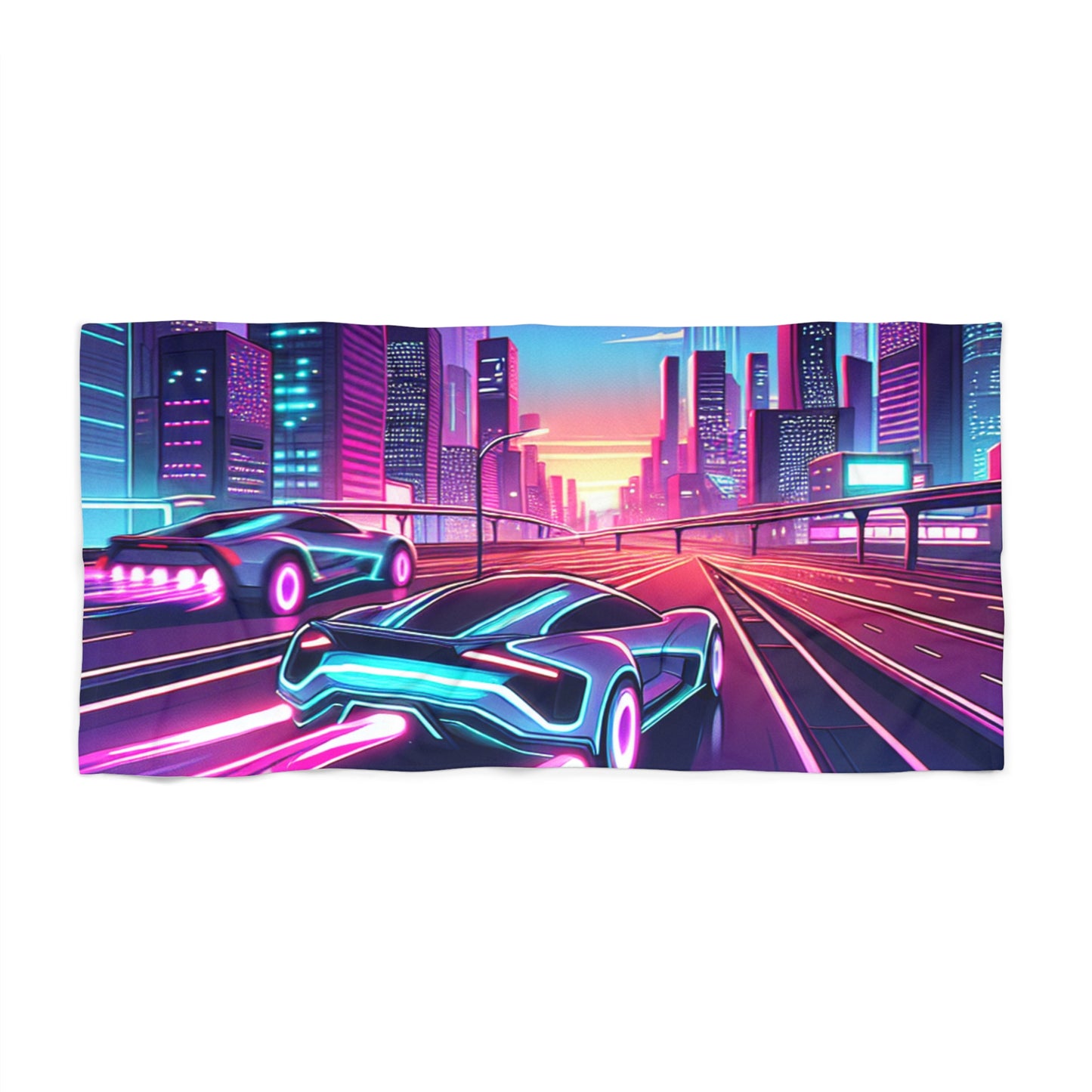 Neon City Beach Towel - Retro Futuristic Design for Summer Vibes and car lovers