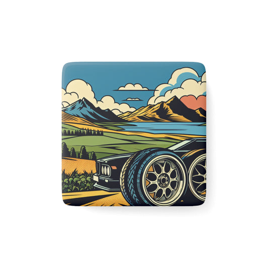 Vintage Car Landscape Porcelain Magnet - Retro Art for Auto Enthusiasts