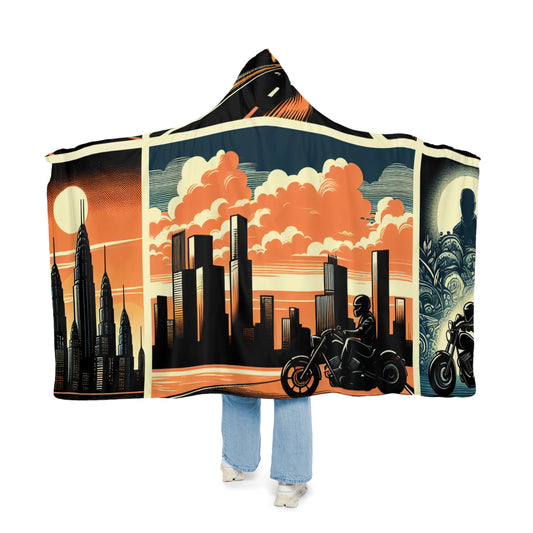 Retro Bike Snuggle Blanket - Cozy Hooded Wrap with Cityscape Design