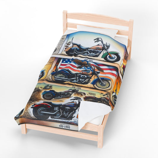 Vintage Motorcycle Velveteen Plush Blanket - Perfect for Bikers and Outdoor Gatherings